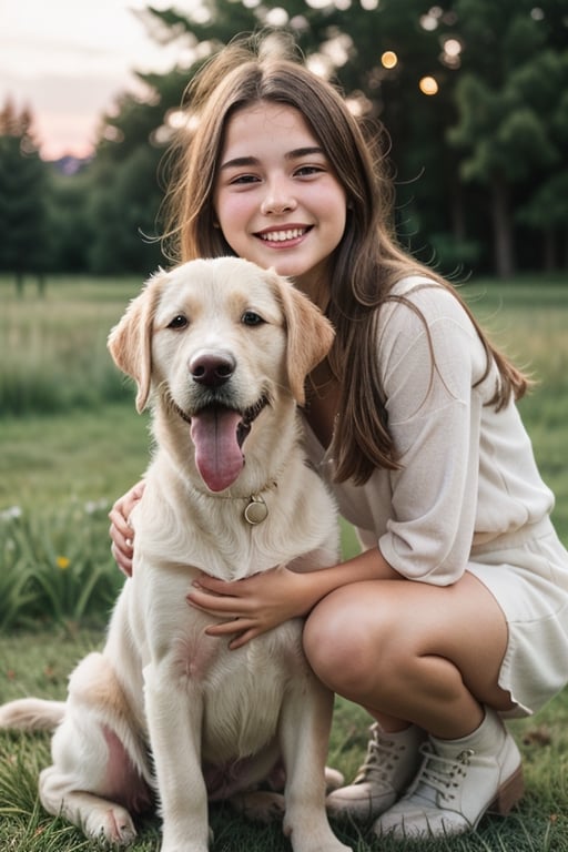 A joyful teen girl and a white Labrador Retriever puppy. they play happily in the field,
porphyry hands, beautiful face, rough blonde hair, broken, sunset, detailed photo, beautiful trees, lifelike lights. DSRL