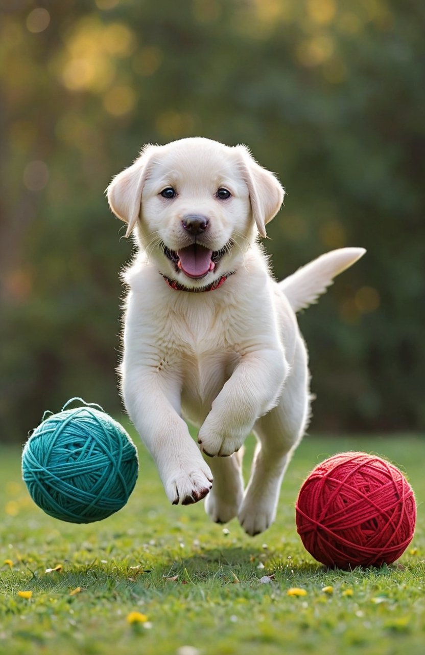 You can see the happy expressions of a white puffy labrador retriever puppies. photography in soft light,Extremely Realistic, full body, labrador retriever cub happily running around chasing a very large ball of full color yarn, random viewpoint 