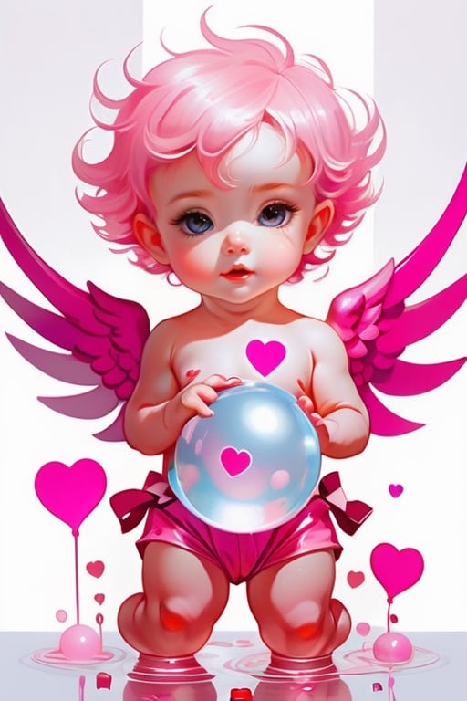 Front view, long shot, full body, cute baby cupid with shorts wet hair covered in pink and light pastel creamy bubbles, Bows and arrows have heart-shaped heads prepare to shoot in his hand , resting on the petals in the style of stefan kostic,art by Agnes Cecile,  art by stanley lau, artgerm, wlop, caidychen, kuvshinov ilya, backlit, refracted lighting, elegant, far distance shot, 8 k high definition,ultra clear photo, insanely detailed, intricate, elegant