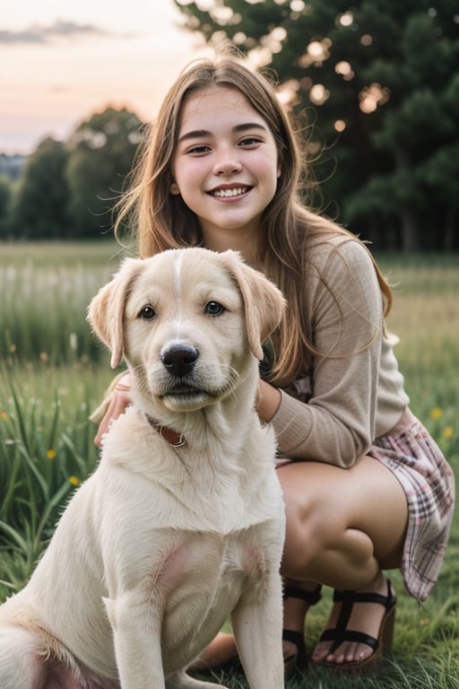 A joyful teen girl and a white Labrador Retriever puppy. they play happily in the field,
porphyry hands, beautiful face, rough blonde hair, broken, sunset, detailed photo, beautiful trees, lifelike lights. DSRL