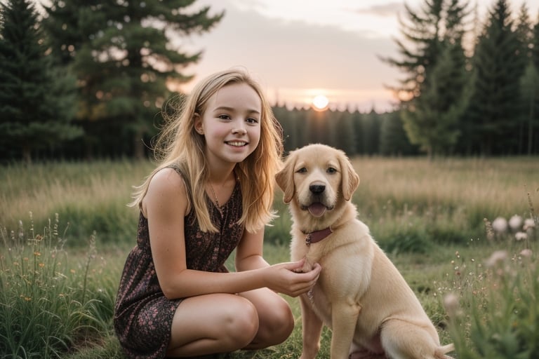 A little girl and a yellowish Labrador Retriever puppy. they play happily in the field,
porphyry hands, beautiful face, rough blonde hair, broken, sunset, detailed photo, beautiful trees, lifelike lights. DSRL