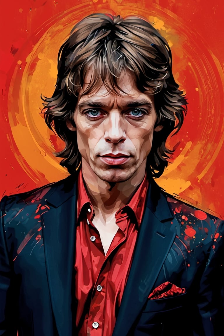 Please generate, abstract beauty Fantomas of young"Mick jagger", looking into the camera, approaching perfection, dynamic, red black and orenge colors, highly detailed, digital painting, artstation, concept art, sharp focus, illustration, art by Carne Griffiths and Vadim Kashin