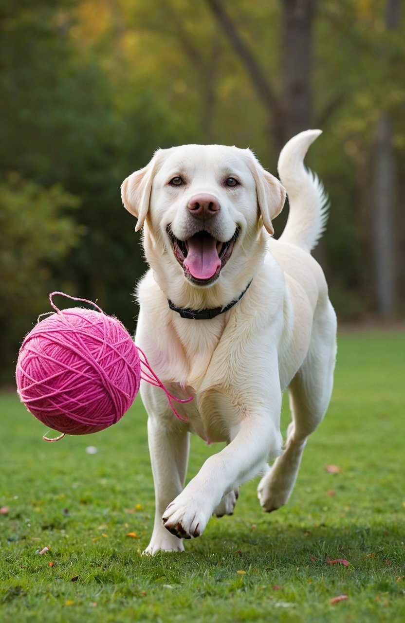 You can see the happy expressions of a white puffy labrador retriever 5yo. photography in soft light,Extremely Realistic, full body,pink nose skin, labrador retriever  happily running around chasing a very large ball of full color yarn, random viewpoint 