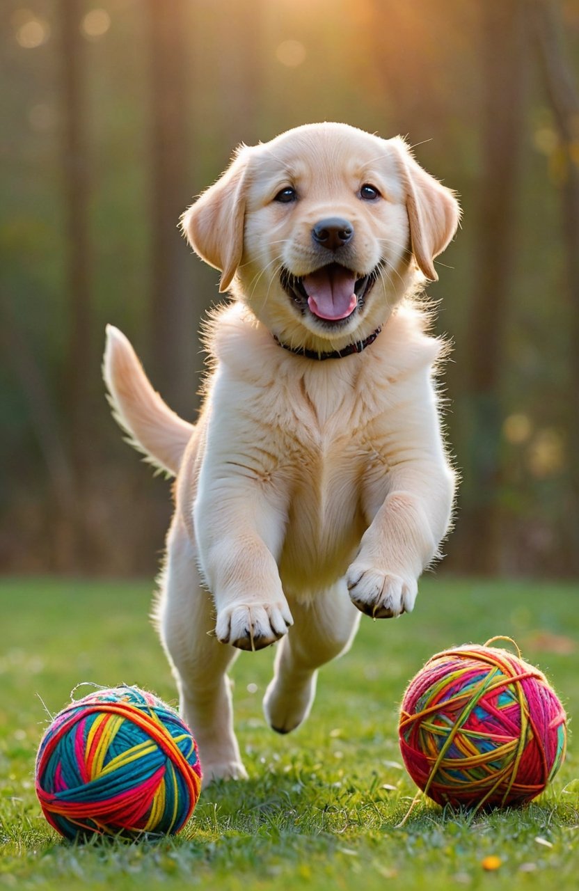 You can see the happy expressions of a Puffy labrador retriever puppies. photography in soft light,Extremely Realistic, full body, golden retriever cub happily running around chasing a very large ball of full color yarn, random viewpoint 