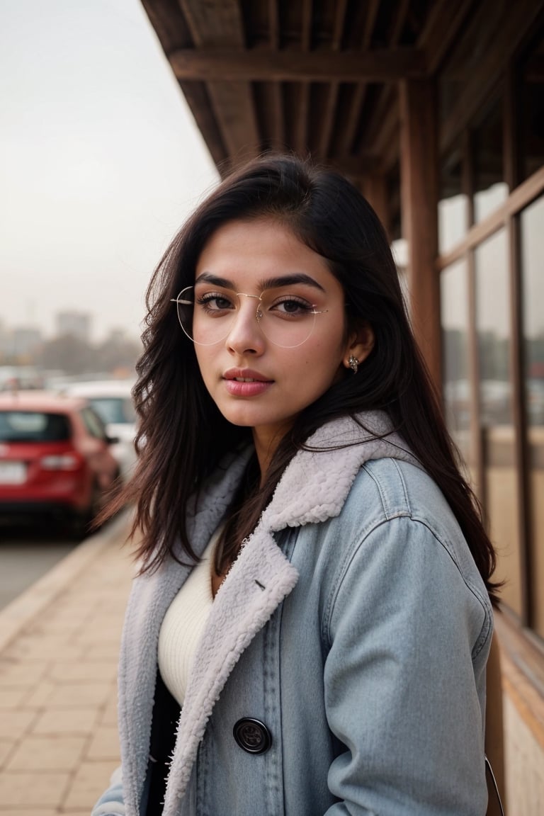 lovely cute young attractive indian girl, blue eyes, gorgeous actress, 23 years old, cute, an Instagram model, long hair, black hair, Indian,  ear rings,looking hot, under sunlight, wearing coat and glasses
