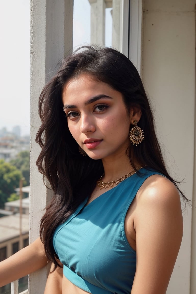 lovely cute young attractive indian girl, blue eyes, gorgeous actress, 23 years old, cute, an Instagram model, long hair, black hair, Indian, weaaring blouse, wearing bindi in forehead, ear rings,looking hot, under sunlight, looking on window,