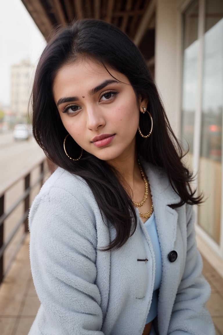 lovely cute young attractive indian girl, blue eyes, gorgeous actress, 23 years old, cute, an Instagram model, long hair, black hair, wearing bindi in forehead, ear rings,looking hot,wearing coat , cute smile

