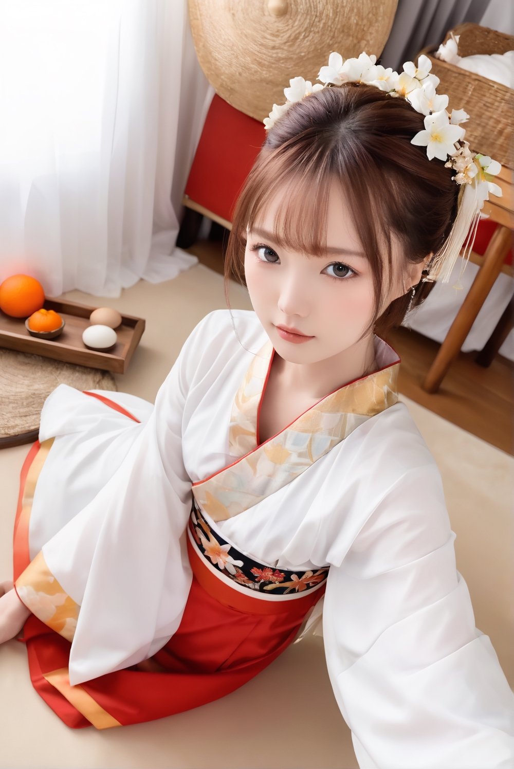 viewed from above, bird view, look up at viewer, face up, kneeling, award-winning photography, ichika kneels on a matress, ichika as a miko, ichika super model body with miko attire, exquisite miko attire, ichika has expressive and bright eyes, perfect model ratio, ichika, ichika has alluring eye makeup, elaborate ethereally beautiful face of ichika, concept fashion style, Hasselbald 503CW, scent of romantic