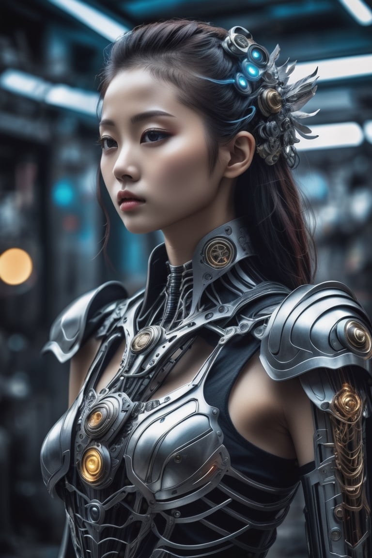 epic cyberpunk battle field theme, (full body shot):1.3) with high view angle, ultra-wide-angle-lens, award-winning photography, hyperrealistic, a 15-years-old breathtakingly beautiful korean girl, ethereal glamorous face, external skeleton mechanical armor, heavy armor, champion of the galaxy, carrying an sword, in a xeno battle field, nulear fusion reactor in the chest, aging treatment on the image, cyborg style