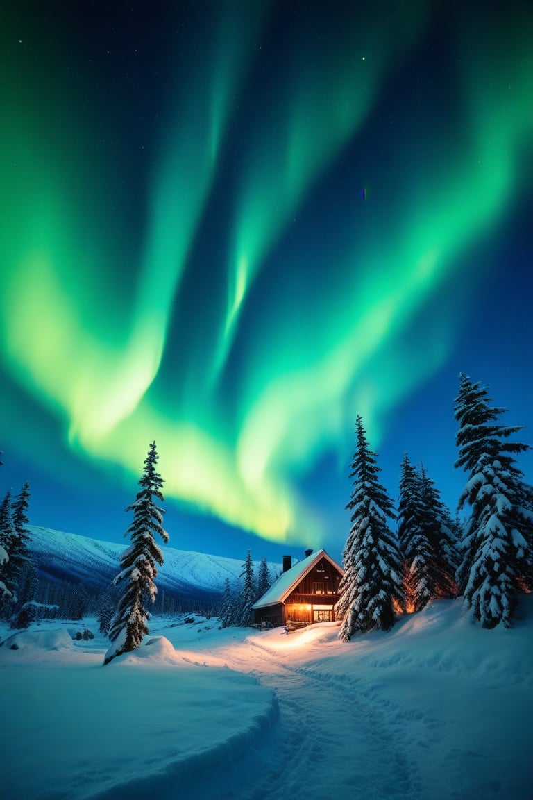 a mural depicting northern light in a cold winter.