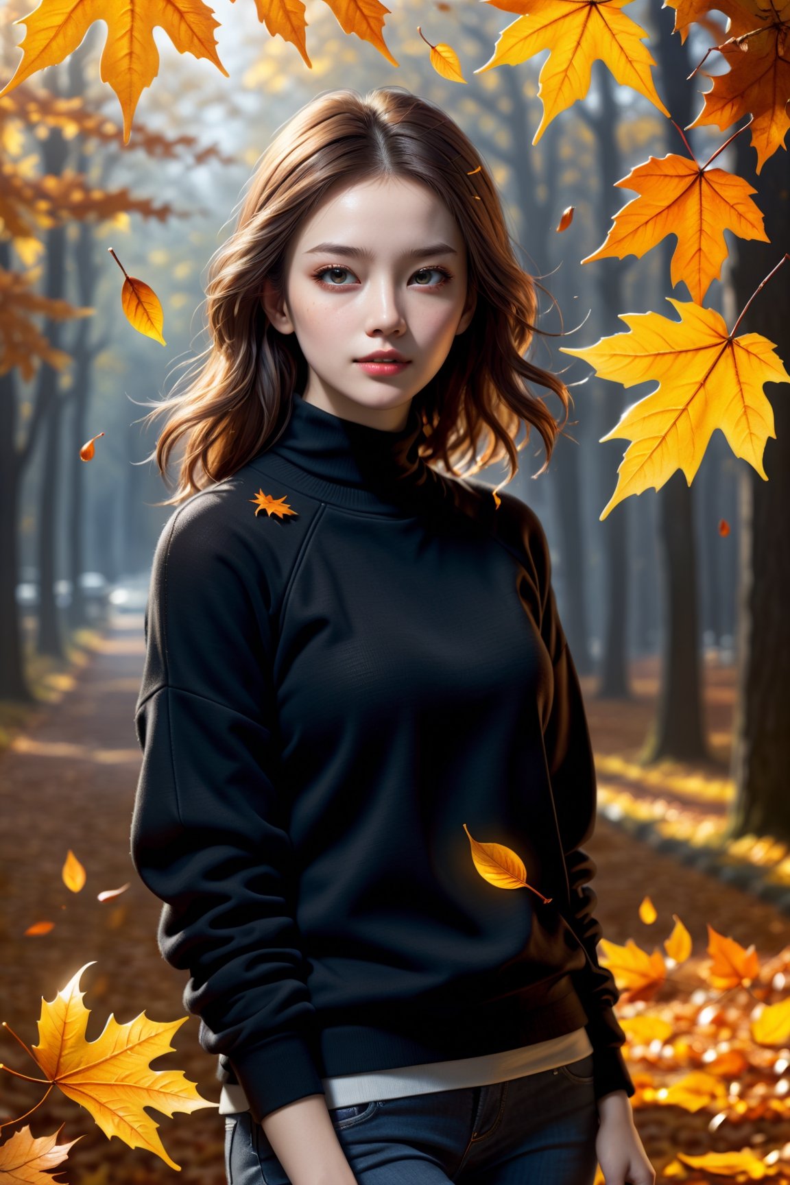 masterpiece, best quality, (photorealistic:1.3), raw photo, sole_female, the most beautiful women in the world, black pullover, porcelain skin, transculent appearance, dramatic lighting, more detail XL, dynamic pose, autumn, fall_leaves