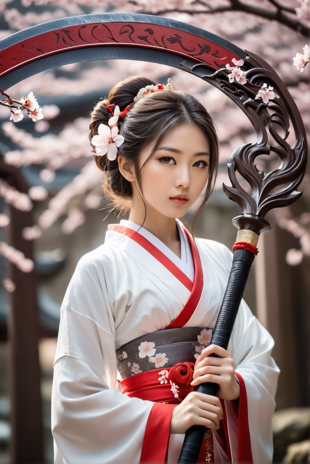 A young girl standing in the middle of a solemn shrine, a 15-years-old ethereal breathtakingly glamorous japanese idol holding a M5cy7h3XL scythe, cherry blossom, photo_b00ster, Don, ethereal beautiful face, detailed face, perfect face, perfect model body, single blade, award-winning photography, high-definition, exquisite red-white two-tone miko attire, addorned with necklace and bracelet