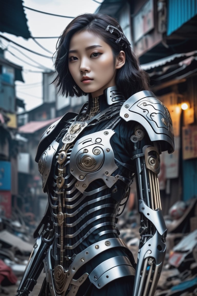 cyberpunk theme, medium shot with low view angle, ultra-wide-angle-lens, award-winning photography, hyperrealistic, a 15-years-old breathtakingly beautiful korean girl, ethereal glamorous face, external skeleton mechanical armor, in a slum, in a, cyborg style