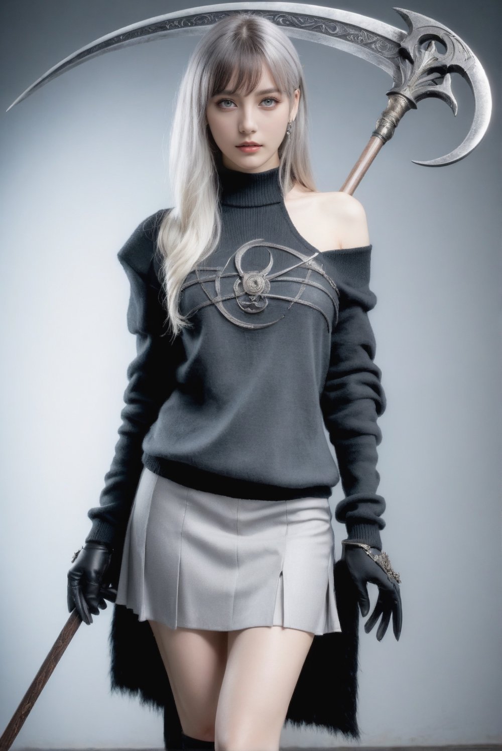 award-winning photography, hyperrealisitc, realistic, raw photo, full body shot, 1girl, holding a DonM5cy7h3XL scythe, single blade, black eyes, grey eyes, heterochromia, two-tone hair, hair between eyes, bangs, hair ornament, long sleeves, bare shoulder, gloves, sweater, skirt, pantyhose, Antilene_Heran_Fouche \(overlord\), photo_b00ster, fujifilm velvia,  two-tone attire, DonM5cy7h3XL, perfect hand, perfect fingers