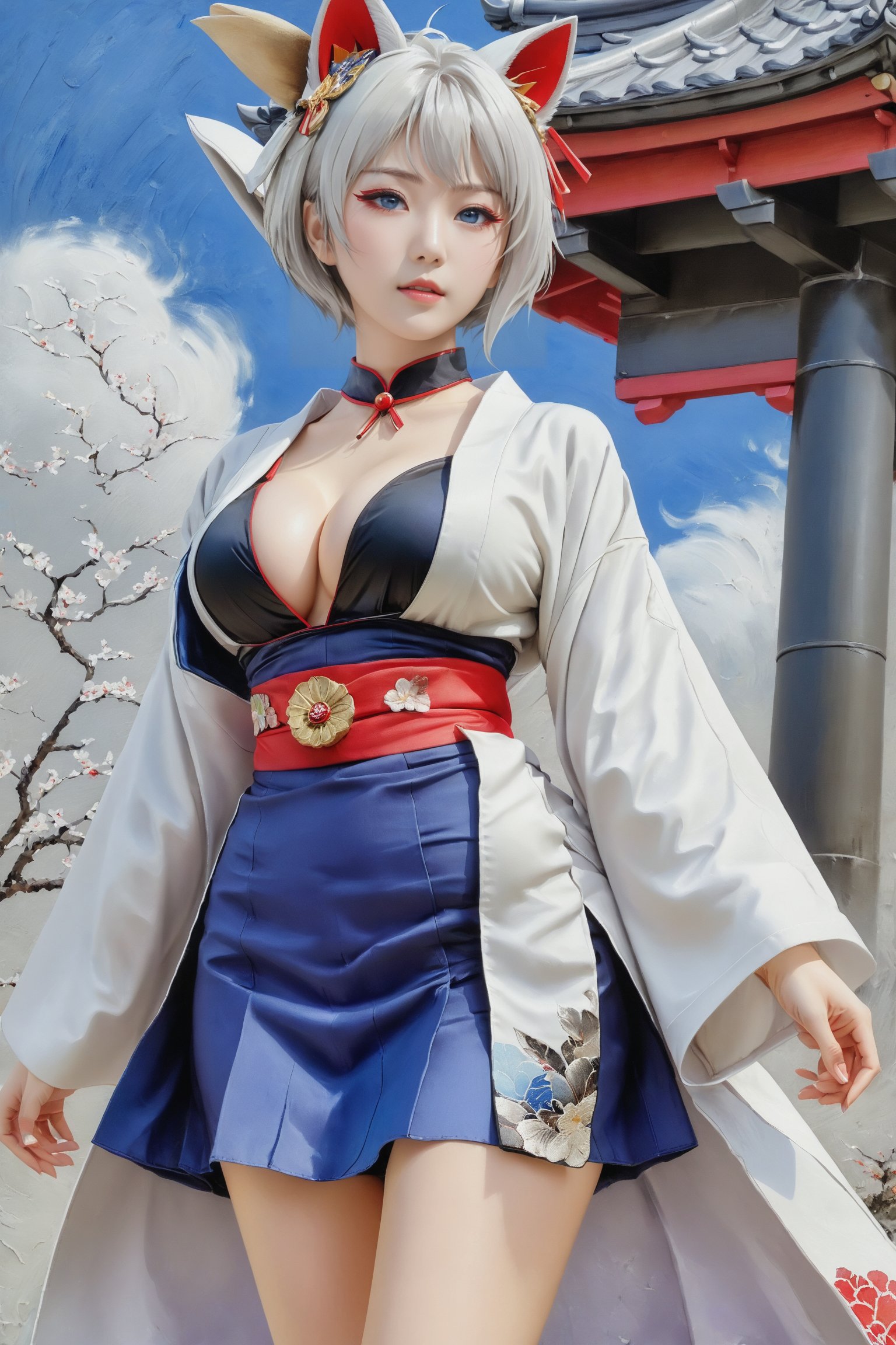 Kaga, short white hair, breast, blue eyes, animal ear, red eyeliner, choker, black dress skirt, obi, a long white jacket designed with kimono aethetic,  cowboy shot, from below. A 17-years-old ethereal and breathtakingly glamorous japanese idol, mesmerizing beautiful face, perfect busty model body, beautiful long legs, white erotic stockings, mitsubishi zero, fighter masterpiece, best quality, official art, impasto art style, art_booster