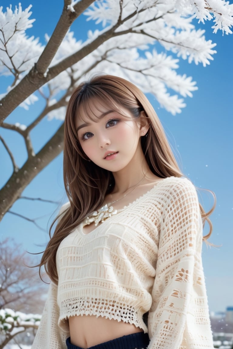 award-winning photography, falling_snow theme, (medium shot):1.3, hyperrealistic, symmetric face, perfect face, a 17-years-old breathtakingly glamorous japanese gyaru, looking into the sky, ethereal breathtakingly beautiful face, profound facial features, sumptuous crochet pullover, lace miniskirt, bright|(almond-shaped) eyes, porcelain skin, gyaru makeup, exquisite jewel, harajuku gyaru attire style, perfect model body, beautiful long legs, photo_b00ste, Japanese Girl - SDXL