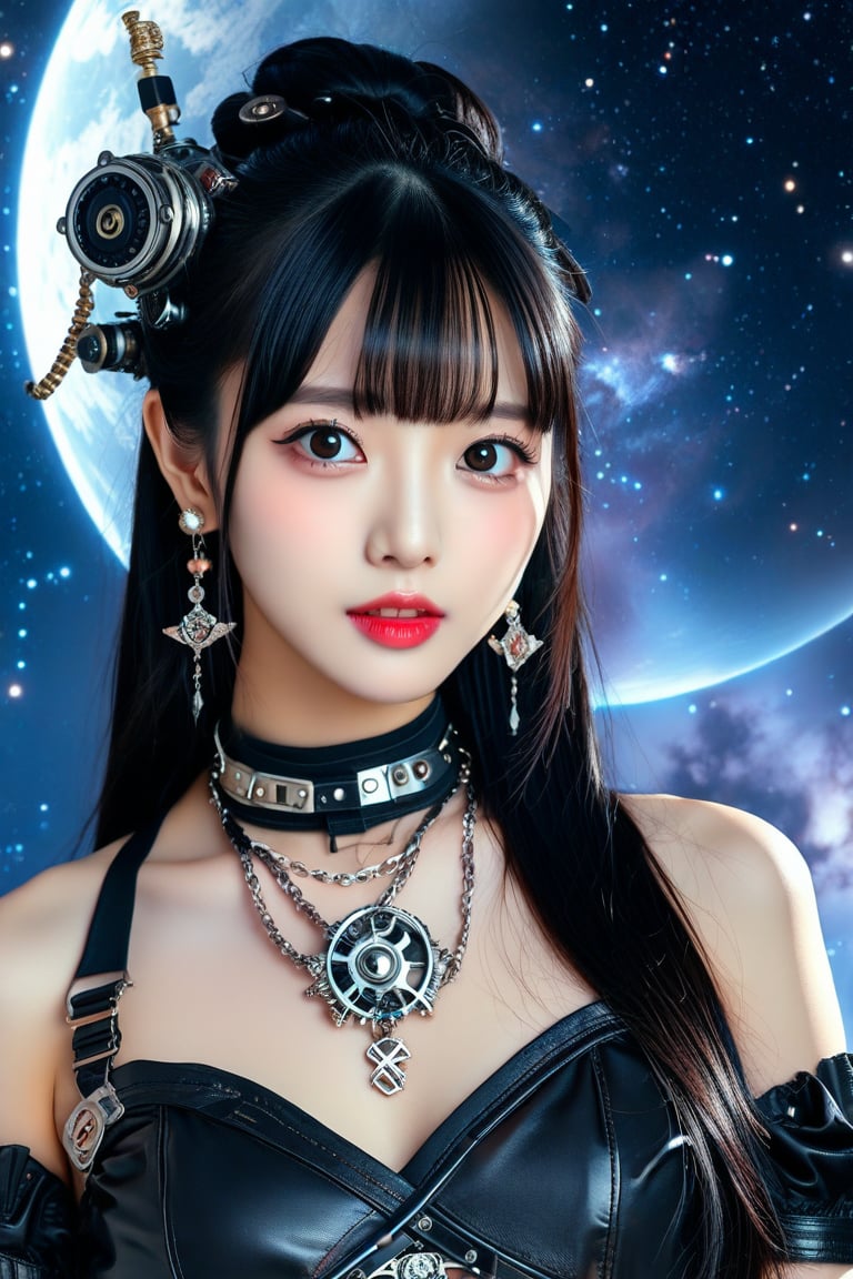 Half body shot. A professional photography of breathtakingly glamorous japanese idol, sexually attractive outfit with a steampunk topic adorned with mechanical head ornament and necklace. A youthful face, featured with porcelain skin tone and lustry skin texture, emanating a mesmerizing beauty. in the outer space with milky galaxy as the background, a very beautiful galaxy in the sky. black long hair with a high ponytail and bangs. extremely sharp, perfect detail, ultrarealistic, hyperrealistic, feminine, ulzzang