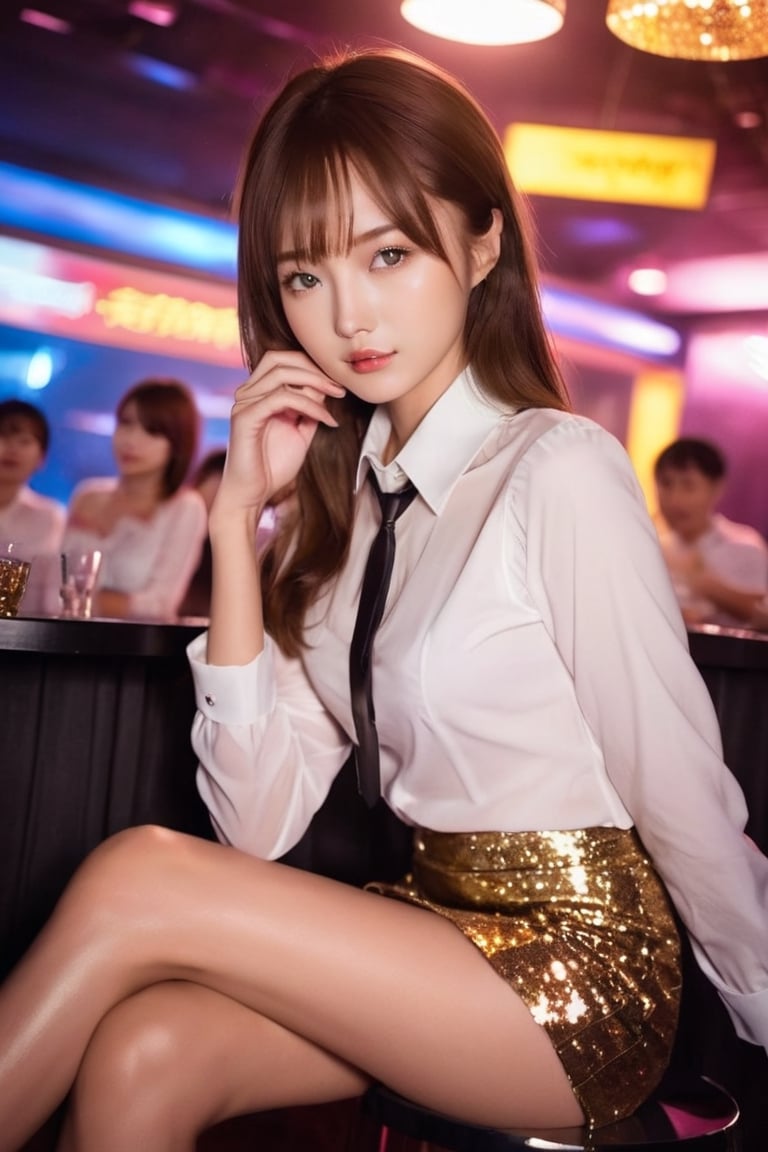  medium shot with ((low angle):1.2),  award-winning photography, ichika sitting a table, ichika in business shirt and miniskirt, in a night club, exquisite glitter eye makeup, perfect model body, slim and long legs 