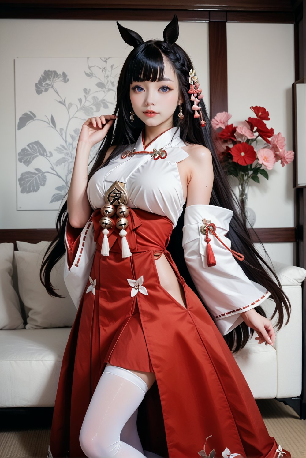 1girl, score_9, score_8_up, score_7_up, source_photo, photography, realistic, ulzzang, absurd resolution, dsnsd, horse ears, side braid, very long hair, hair ornament, white kosode, jingle bell, ribbon trim, detached wide sleeves, red tassels, scarlet hakama, hip vent, white thighhighs, tabi, okobo, raw photo, fujifilm