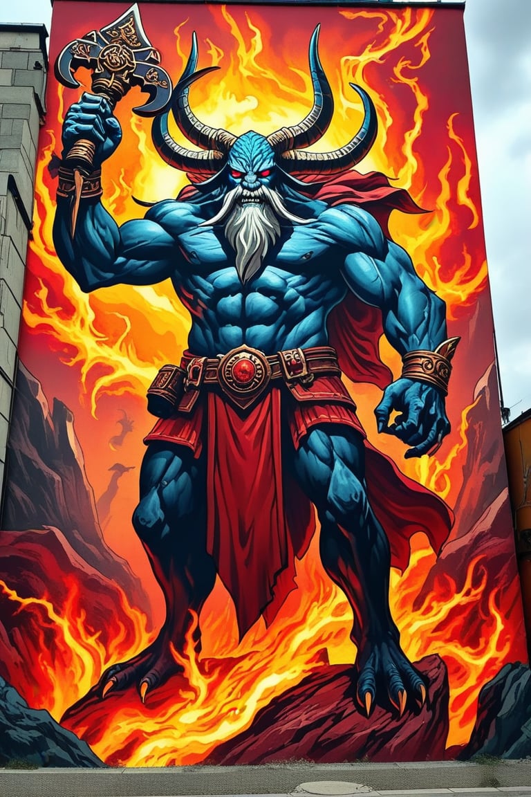 a mural depicting a magnificiently powerful Surtr in the Ragnarok with the renaissance art style, ek_game_3ffect