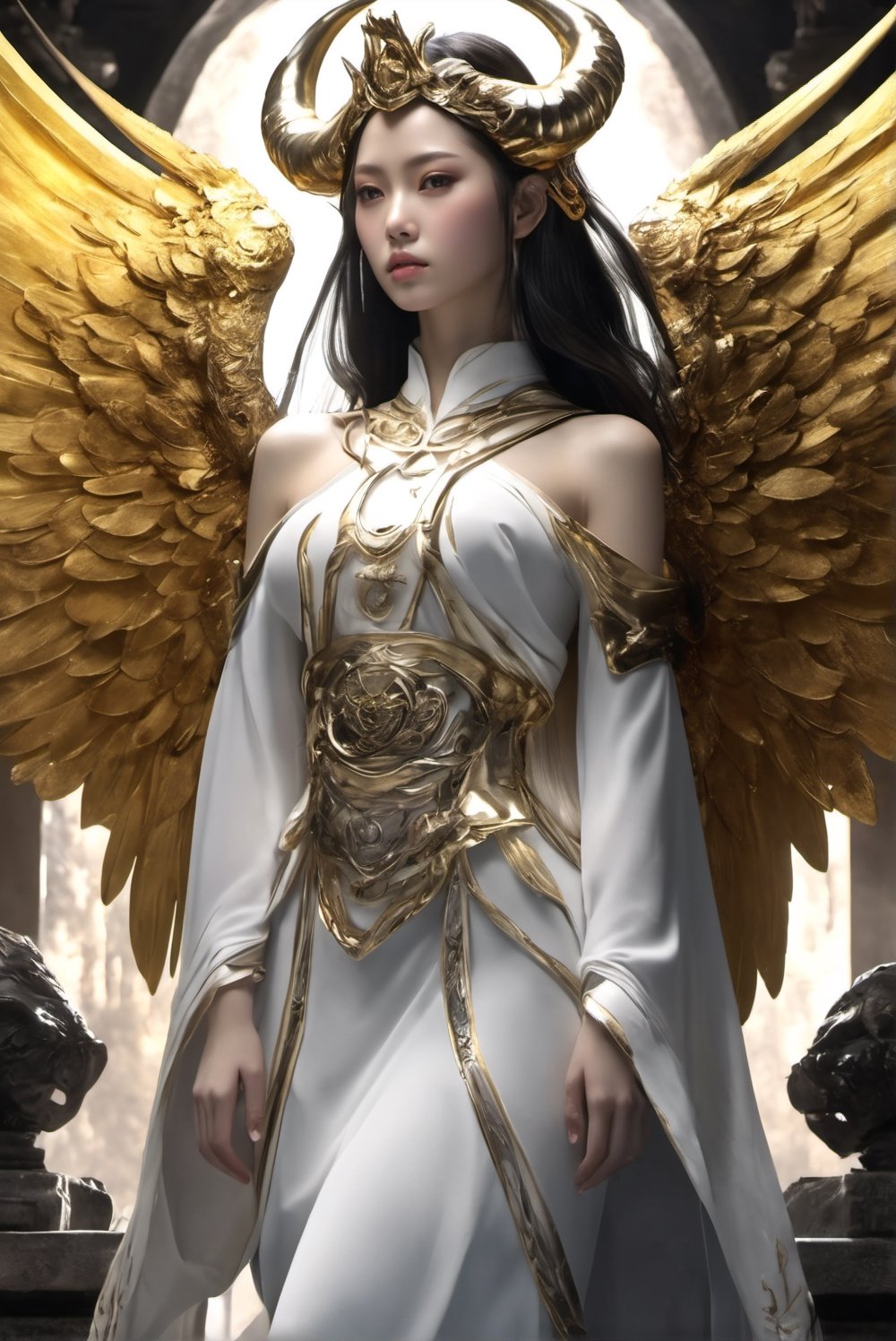 masterpiece, extremely high quality, japanese art, medium shot, photorealistic, an ethereal breathtaking beautiful 1girl, in a tomb, profound facial features, an athereal glamorous face, detailed face, symmetric face, perfect face, beautiful horn, fantasy theme, yellow eyes, blakc wings, white sumptuous haute couture, real_booster, albedo \(overlord\), 