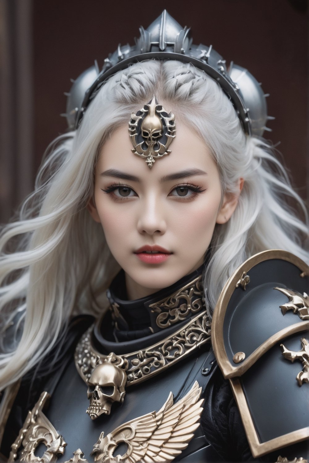 Cowboy shot. A girl wearing black heavy armor in the ornate gothic style, pauldron, metallic collar equiped with respiratory system, heavy knight armor. A 17-years-old ethereal breathtakingly glamorous japanese girl, white hair, hairband, slim and tall perfect model body, An ethereal beautiful face with v-shaped jawline, bright eyes, almond-shaped eyes, translucent skin texture, porcelain skin tone. Adorned with symbols of inquisition accentuating her high status as an inquisitor. The best warrior of inquisition. award-winning, hyperrealistic, raw photo, holding Bolter, warrior