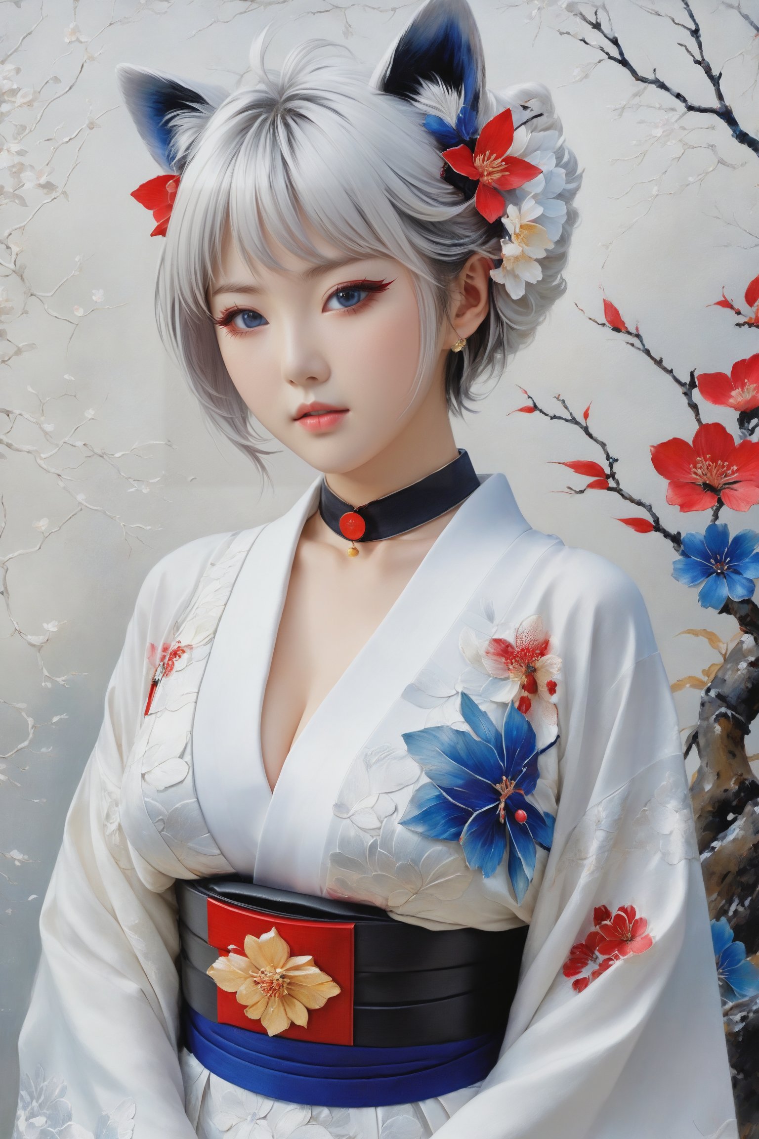 Kaga, short white hair, blue eyes, animal ear, red eyeliner, choker, neckhalter, white kimono, obi, black breast curtain. A 17-years-old ethereal and breathtakingly glamorous japanese idol, mesmerizing beautiful face, perfect busty model body. masterpiece, best quality, official art, impasto art, oil painting