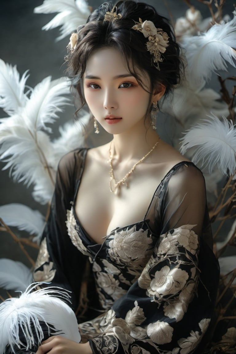 award-winning photography, medium shot, front view, hyperrealistic, personification of black rose, an 17-years-old ethereal gorgeous japanese idol, attire made of white-light feather, ethereal glamorous beautiful face, porcelain skin, detailed face, perfect v-shaped face, prominent facial features, sparkling almond eyes, black eye pupils, intricate eye makeup, (smiles captatively):1.45, attractive and alluringbody, (big breasts):1.4, perfect model body, Rembrandt lighting, japanese art, japanese style, translucent appearance, Gold Edged Black Rose,aw0k nsfwfactory