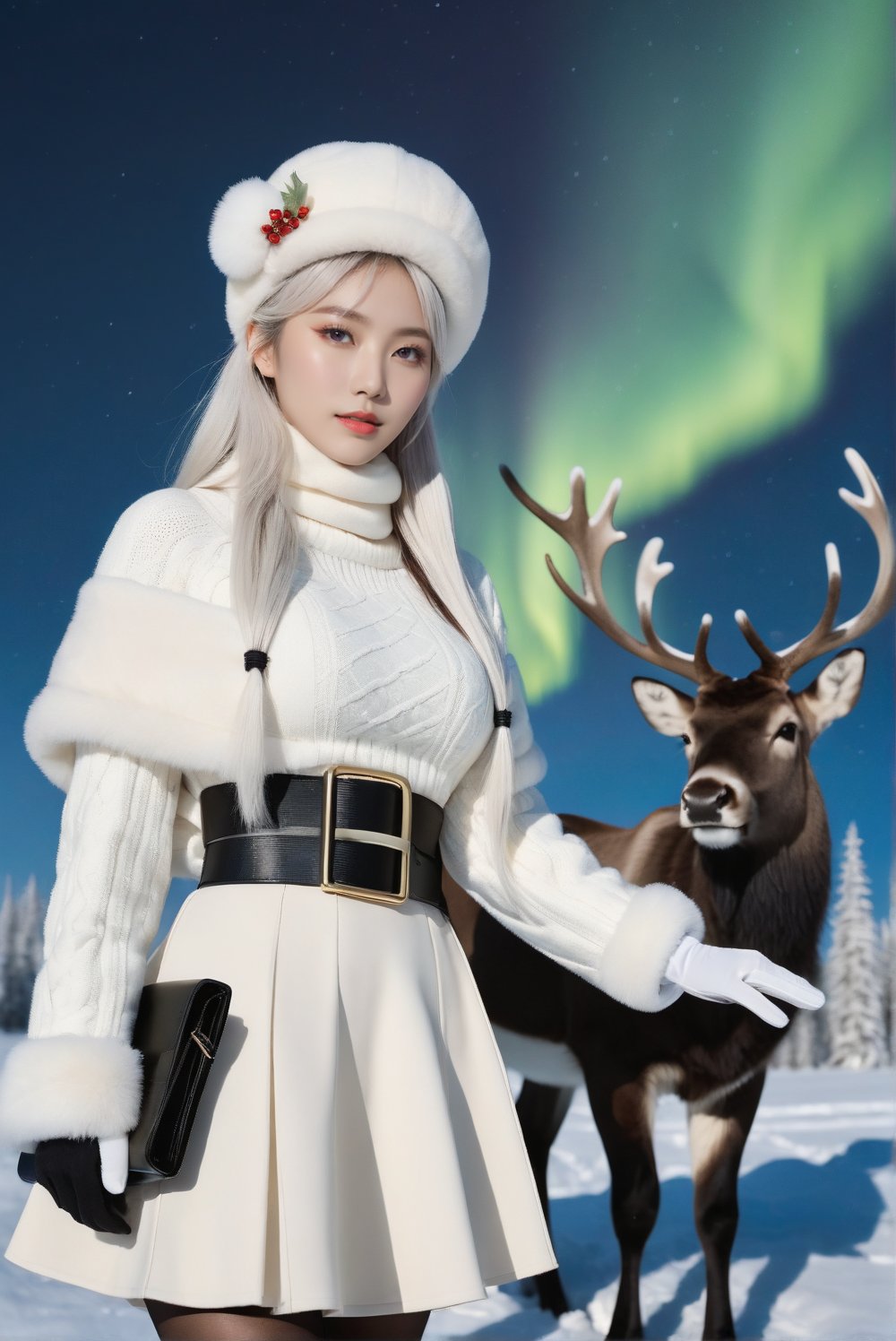 cowboy shot, epwt, (white hair:1.2), ushanka, earmuffs, white scarf, (winter coat:1.18), black ribbed sweater, white high-waist skirt, white gloves, black belt, black pantyhose. An ethereal and breathtakingly glamorous 17-year-old Japanese girl, perfect busty model body and beautiful long legs. In the wildness of siberia, standing next to a reindeer, night scene, (aurora borealis:1.35). photo_b00ster, ((ultra realistic, award-winning photo, raw photo, fuji velvia):1.2), masterpiece, best quality, high resolution, 8k uhd, high fidelity, beauty & aesthetics, 8k uhd, score_9, score_8_up, score_7_up