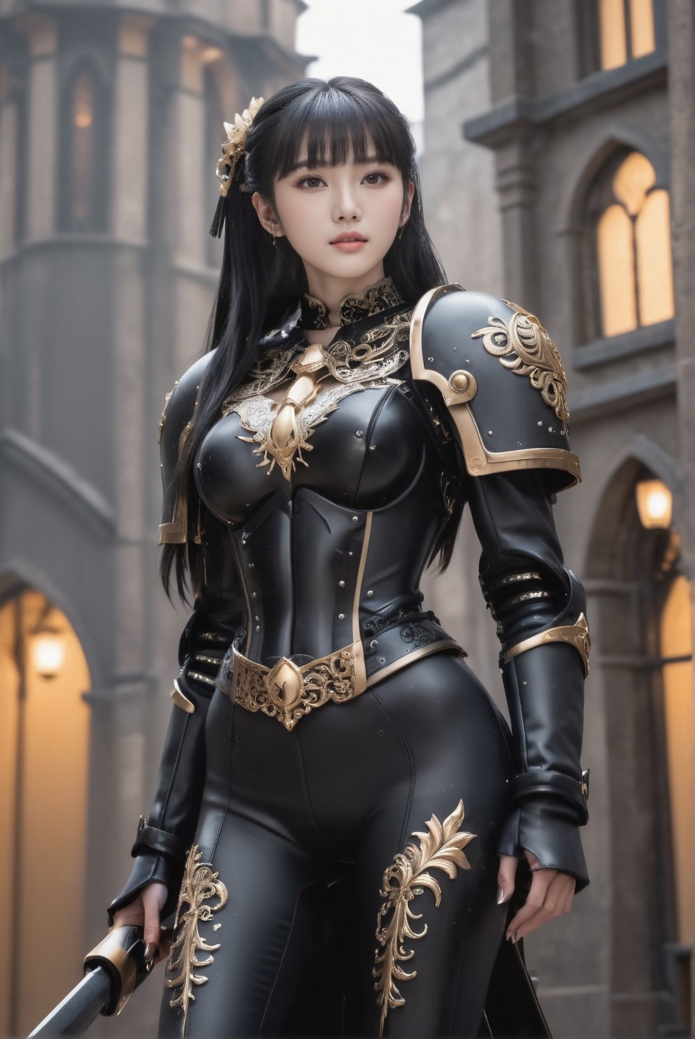 (full body shot: 1.25). A girl wearing black heavy armor in the ornate gothic style, pauldron, metallic collar, knight armor, golden filigree, miniskirt, black leggings, ((platform high heel):1.25). A 17-years-old ethereal breathtakingly glamorous japanese girl, black hair, long pony tail, slim and tall perfect model body, beautiful long legs, An ethereal beautiful face with v-shaped jawline, bright eyes, almond-shaped eyes, translucent skin texture, porcelain skin tone. award-winning, hyperrealistic:1.2, hd 8k, high resolution, holding bolt, perfect detail, intricate detail, raw photo, photo_b00ster