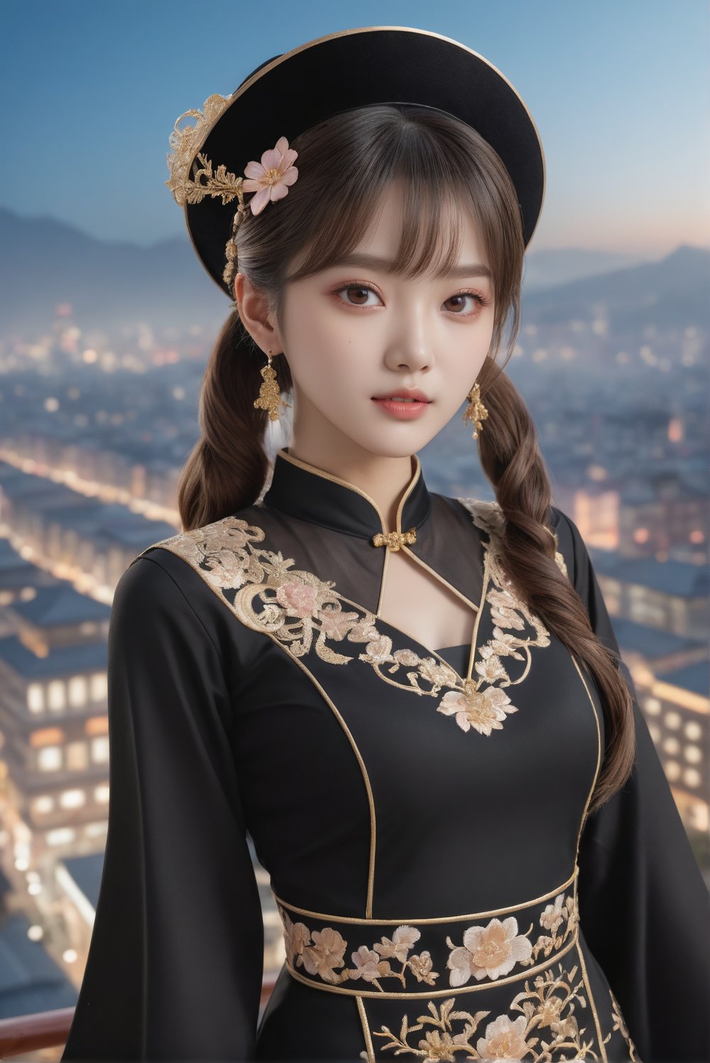 score_9, score_8_up, score_7_up, hutao, brown hair, bangs, two side up, twin ponytails, sidelocks, black hat, jewelry, black cheongsam, intricate golden embroidery, long sleeves, wide sleeves, black shorts, hat ornament, hat flower, a 17-years-old ethereal and glamorous beautiful girl, mesmerizing beautiful face with v-shaped jawline, translucent skin tone, profound facial features, bright eyes, faint rosy blush, ultra realistic, raw photo, award-winning photo, masterpiece, best quality, high resolution, official art, 8k uhd, high fidelity, depth of field, on the top of a skyscaper, mesmetizing city view, night, photo_b00ster