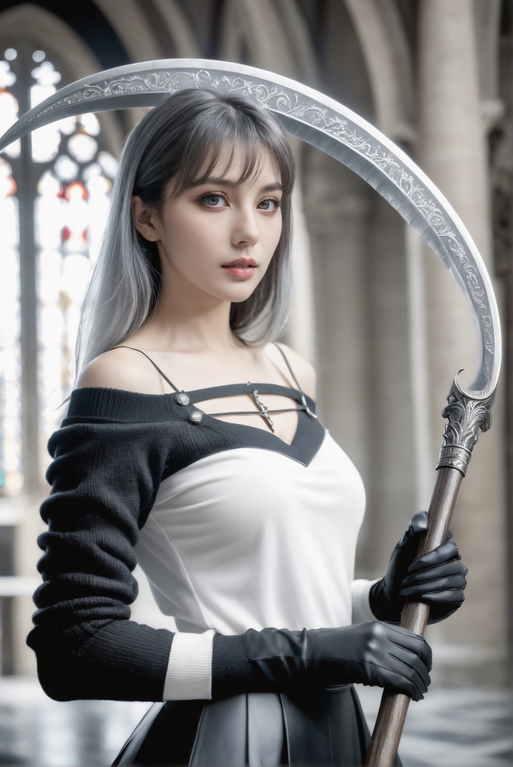 award-winning photography, hyperrealisitc, realistic, raw photo, high definition 8k, high resolution, medium shot, 1girl, holding a DonM5cy7h3XL scythe, single blade, black eyes, grey eyes, heterochromia, black-white two-tone hair, hair between eyes, bangs, hair ornament, long sleeves, bare shoulder, gloves, black-white two-tone sweater, skirt, pantyhose, miniskirt accentuating beautiful long legs, Antilene_Heran_Fouche \(overlord\), photo_b00ster, fujifilm velvia,  two-tone attire, DonM5cy7h3XL, perfect hand, perfect fingers, concept art, assassin of inquisition, in a cathedral, studio lighting, depth of view, busty, perfect detail