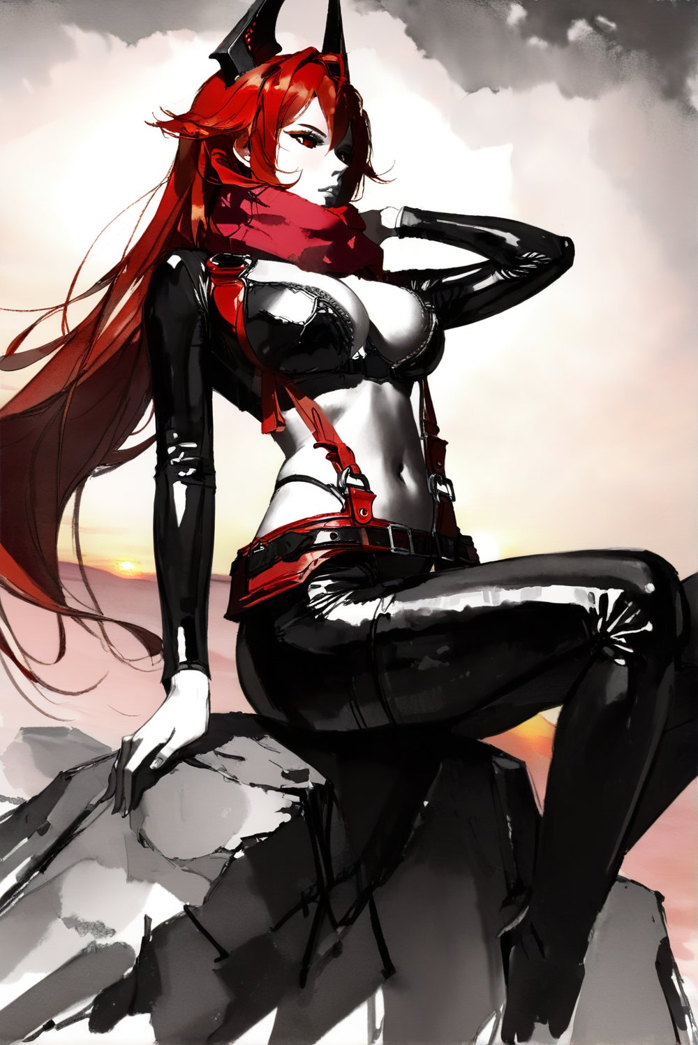 1girl, redhoodx, very long hair, mechanical horns, red eyes, red scarf, unzipped bodysuit, suspenders, black pants, belt, hip vent, midriff, sexy pose, from below, sitting on a rock, sunset hue, pencil sketch, monochrome, greyscale, masterpiece, best quality, charcoal \(medium\), unfinished black ink