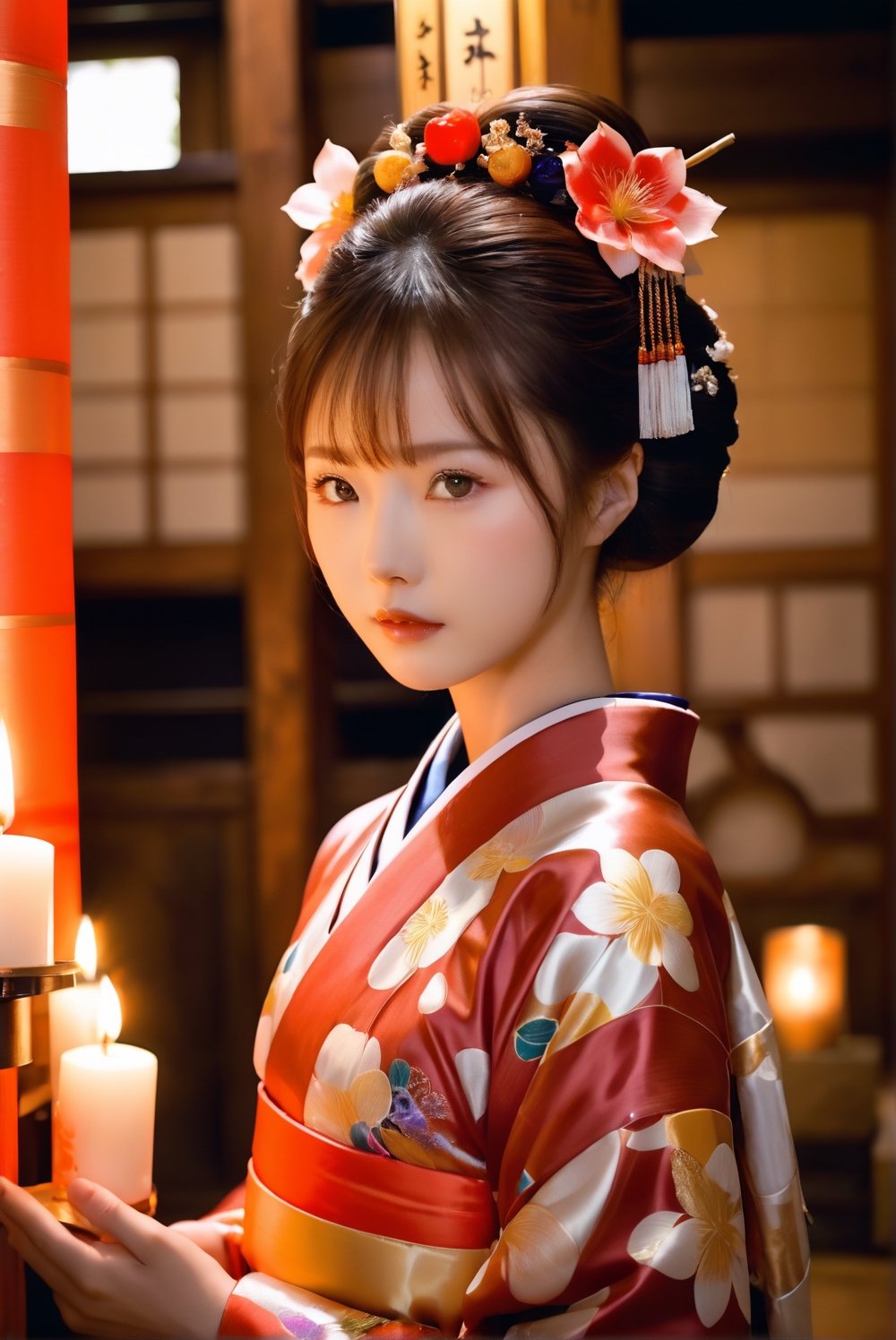 award-winning photography, furisode, ichika, hyperrealism, bright and expressive eyes, ichika attends hatsumode, sincerely worshiping, light and natural makeup, in a solemn shrine, surrounded by sacred magic power, hasselbald 503CW, fujifilm velvia 100, holy light on ichika, decorated with candles