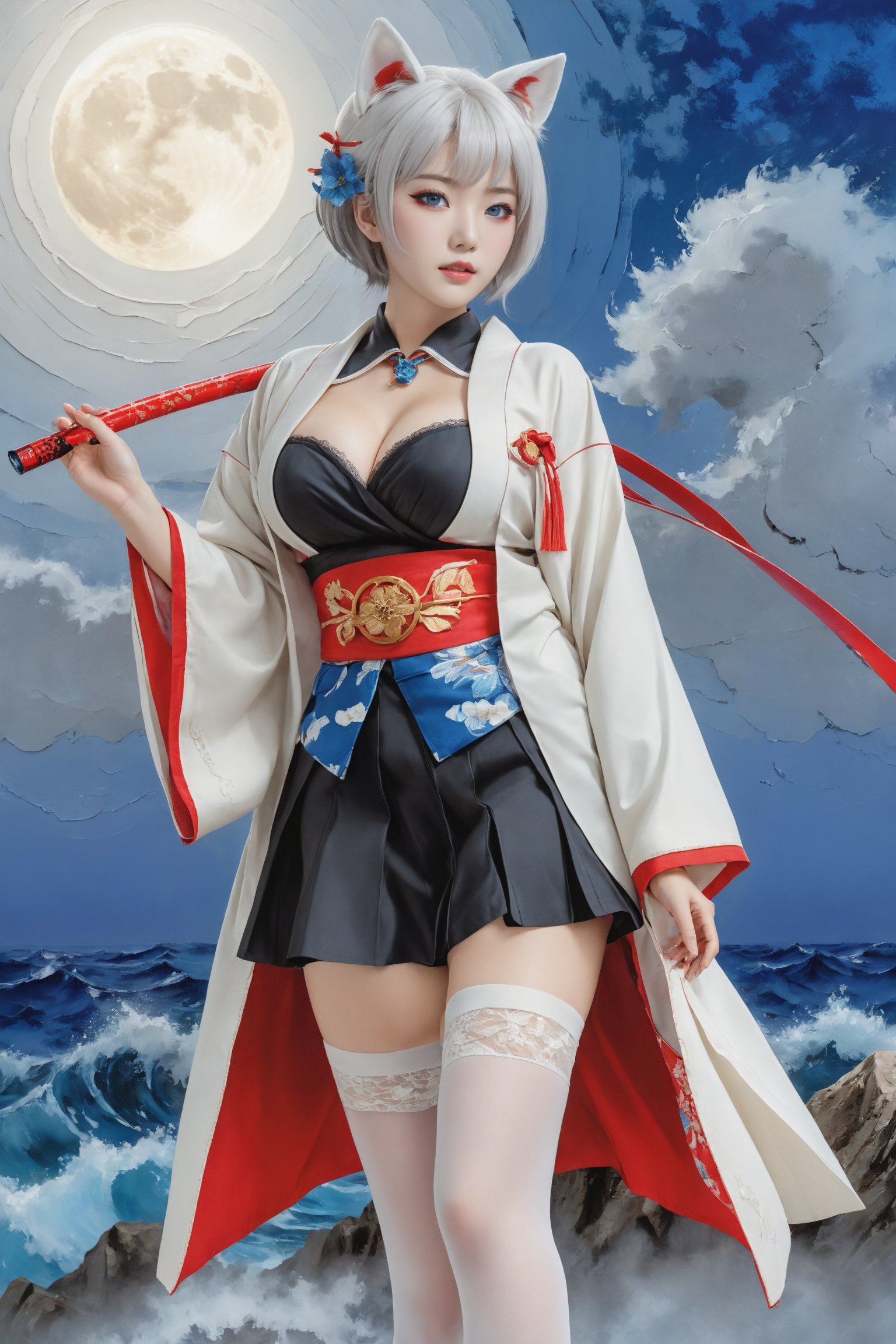 Kaga, short white hair, breast, blue eyes, animal ear, red eyeliner, choker, black dress skirt, obi, a long white jacket designed with kimono aethetic,  cowboy shot, from below. A 17-years-old ethereal and breathtakingly glamorous japanese idol, captative beautiful face, perfect busty model body, beautiful long legs, ((white stockings)), lunar eclipse, ocean, in the night, mesmerizing sky, masterpiece, best quality, official art, impasto art style, art_booster