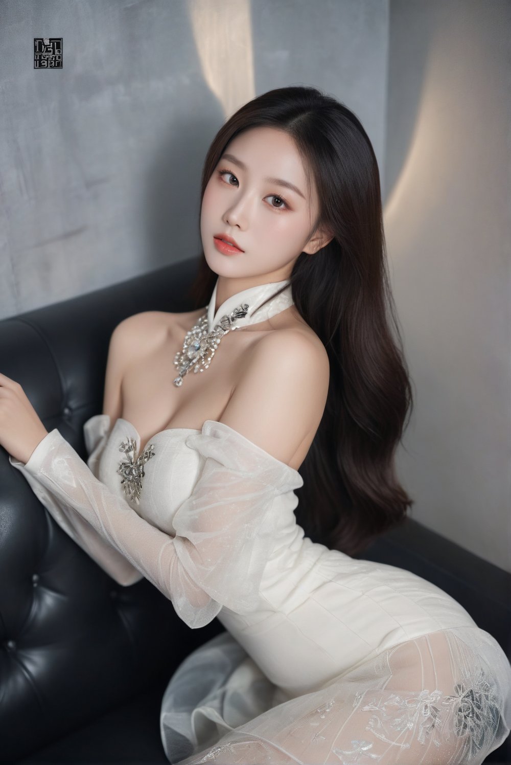 ((full body shot:1.3)/(viewed from above, looking up at viewer):1.25), wearing ((black platform high heel):1.2), reclining on a sofa in a night club, aa 17-years old ethereal and breathtakingly beautiful chinese idol, a glamorous beautiful face, long hair, porcelain skin tone, white qipa decorated with filigree, black pantyhose, translucent skin texture, perfect busty model body with beautiful long legs, sexy pose, perfect hand, emanating intense sexual attractiveness, ultra realistic, raw photo, fiji velvia, award-winning photo, masterpiece, best quality, high resolution, 8k uhd, high fidelity, depth of field, beauty & aesthetic, hubggirl