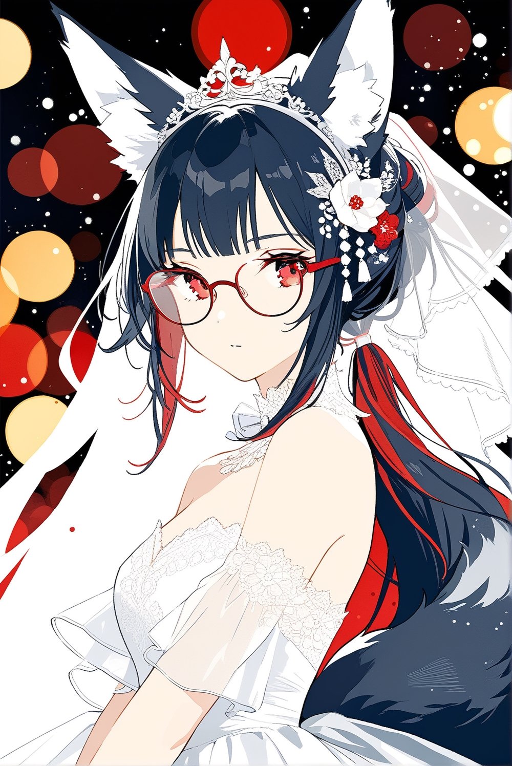 Tekeli, black fox ears, animal ear fluff, black fox tail, black hair, red inner hair, long ponytail, sidelocks, red eyes, red_glasses, white wedding gown, wedding veil, cowboy shot, bokeh, high contrast, perfect details, intricate details, art_booster, masterpiece, best quality, official art