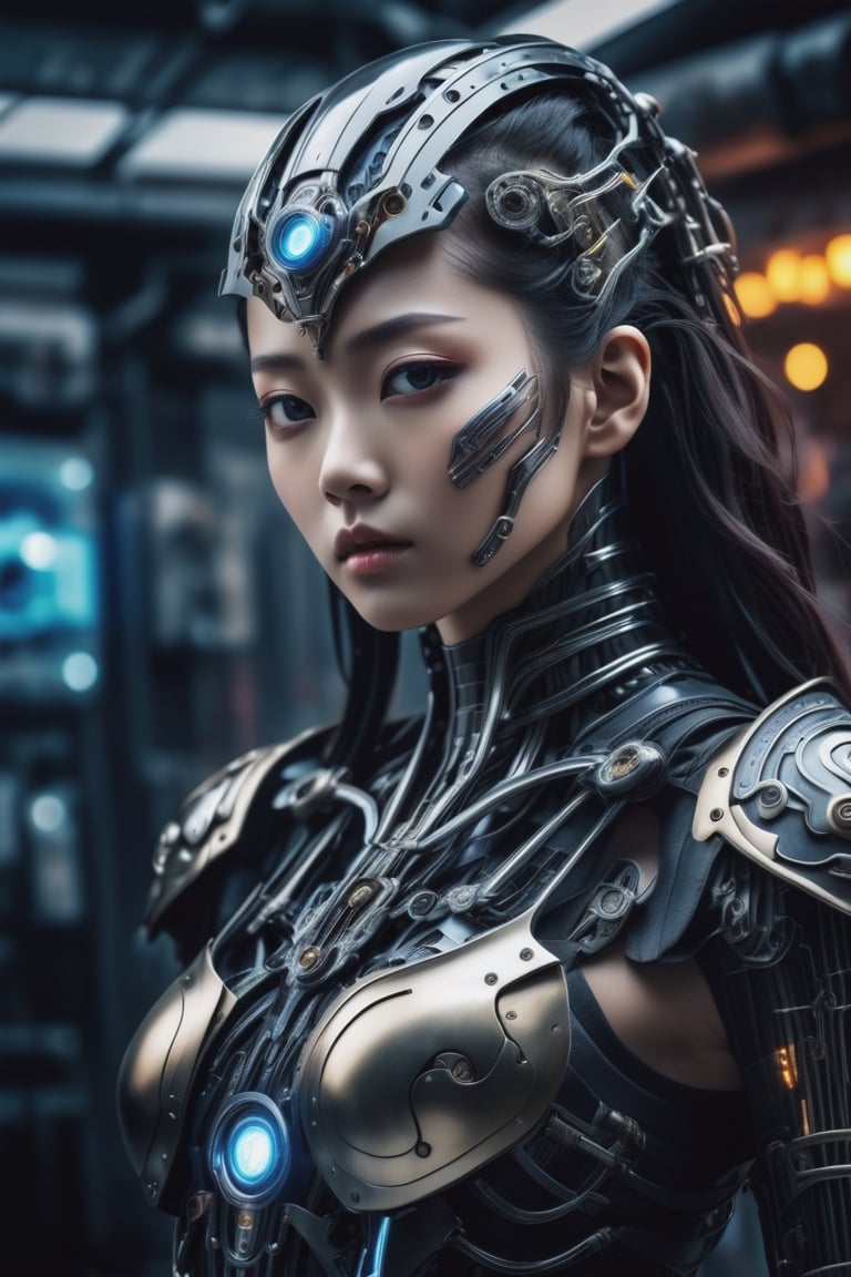 epic cyberpunk battle field theme, medium shot with high view angle, ultra-wide-angle-lens, award-winning photography, hyperrealistic, a 15-years-old breathtakingly beautiful korean girl, ethereal glamorous face, external skeleton mechanical armor, heavy armor, champion of the galaxy, (cyber eyes):1.4, in a xeno battle field, nulear fusion reactor in the chest, aging treatment on the image, cyborg style, cinematic lighting, black smoke