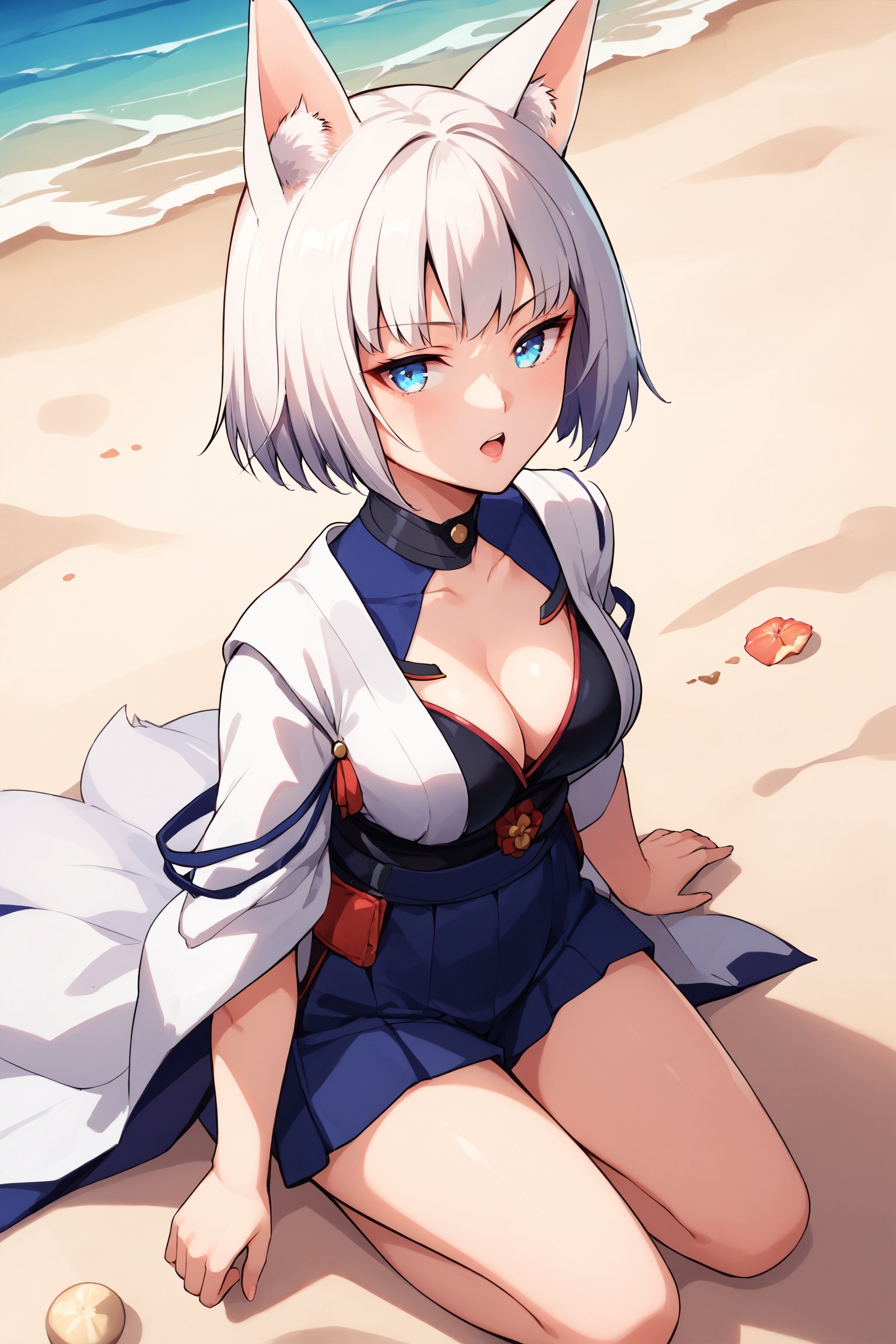 Kaga, cowboy shot, from above, looking up at viewer, kneeling on a sandy beach, emanating irresistible sexual attractiveness, ethereal and glamorous beautiful face, score_9, score_8_up, score_7_up