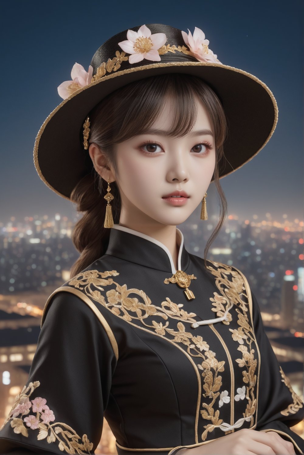 score_9, score_8_up, score_7_up, cowboy shot/(viewed from above, looking up at viewer), hutao, brown hair, bangs, two side up, twin ponytails, sidelocks, black hat, jewelry, black cheongsam, intricate golden embroidery, long sleeves, wide sleeves, black shorts, hat ornament, hat flower, a 17-years-old ethereal and glamorous beautiful girl, mesmerizing beautiful face with v-shaped jawline, porcelain skin tone, translucent skin texture, profound facial features, bright eyes, faint rosy blush, ultra realistic, raw photo, award-winning photo, masterpiece, best quality, high resolution, official art, 8k uhd, high fidelity, depth of field, on the top of a skyscaper, mesmetizing city view with skyscraper, night, funeral director, photo_b00ster