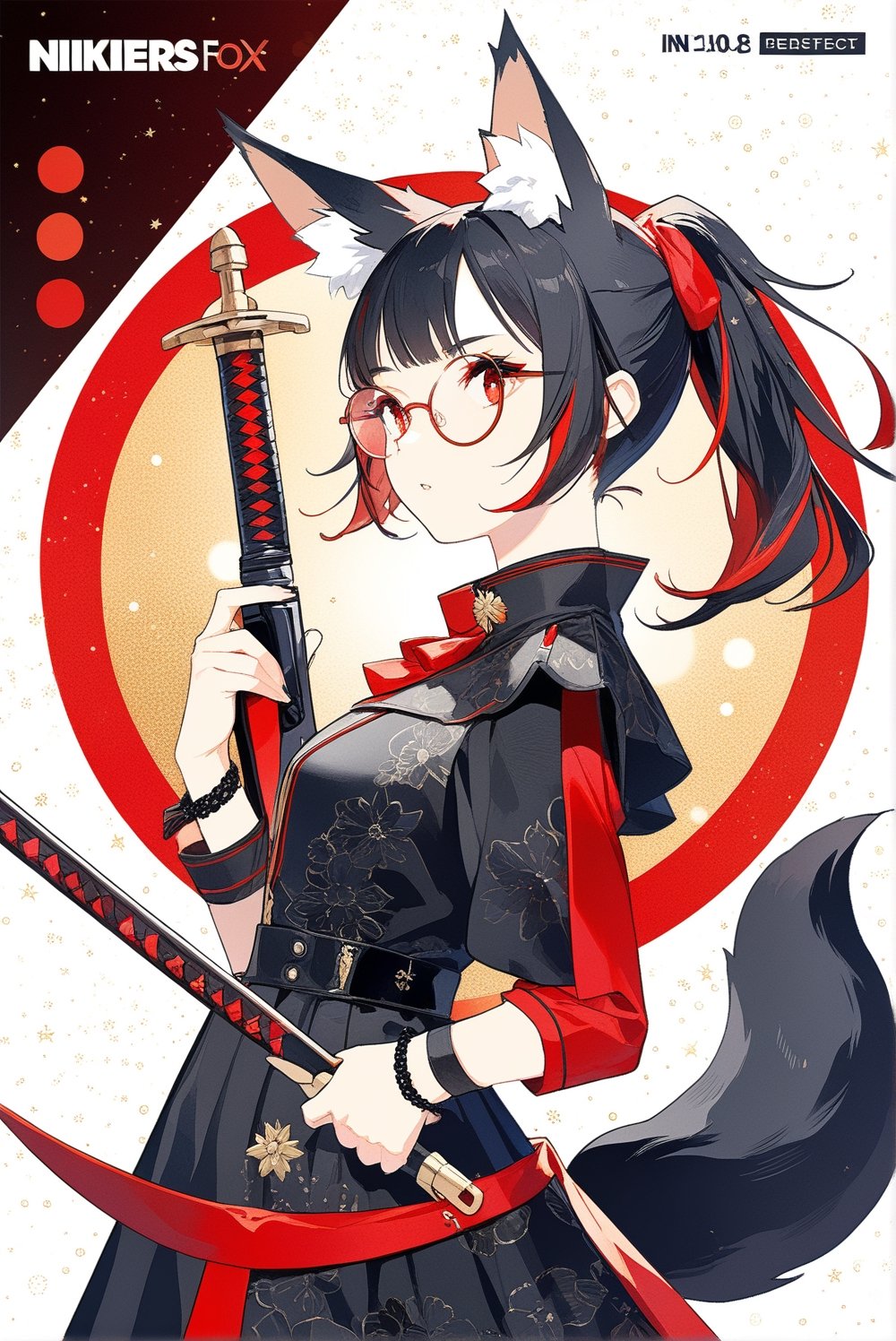 IncrsNikkeProfile,  zoom layer, holding weapon, Tekeli, black fox ears, animal ear fluff, black fox tail, black hair, red inner hair, short ponytail, sidelocks, red eyes, red_glasses, cowboy shot, bokeh, high contrast, perfect details, intricate details, art_booster, masterpiece, best quality, official art