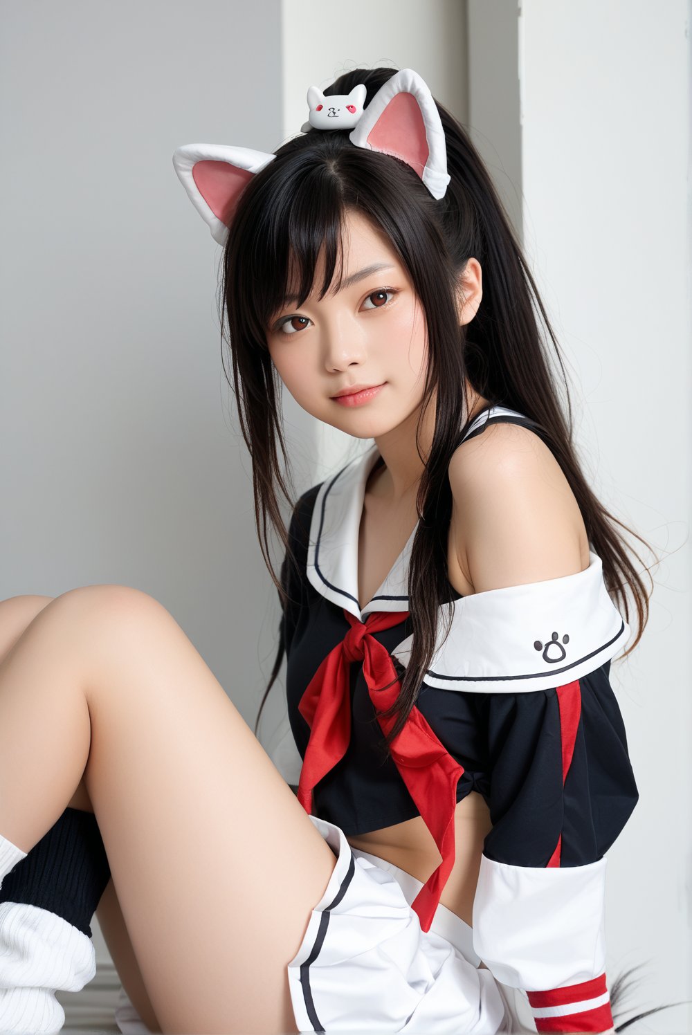 1girl, shigure, brown eyes, black hair, very long hair, ponytail, dog ears, dog tail, hair ornament, white serafuku, black shirt, crop top, single off shoulder, red neckerchief, wristband, midriff, white skirt, pleated skirt, loose socks, white socks, femine, score_9, score_8_up, score_7_up, source_photo, source_anime, photography, realistic, hyperrealistic, ultrarealistic, ulzzang, absurdres