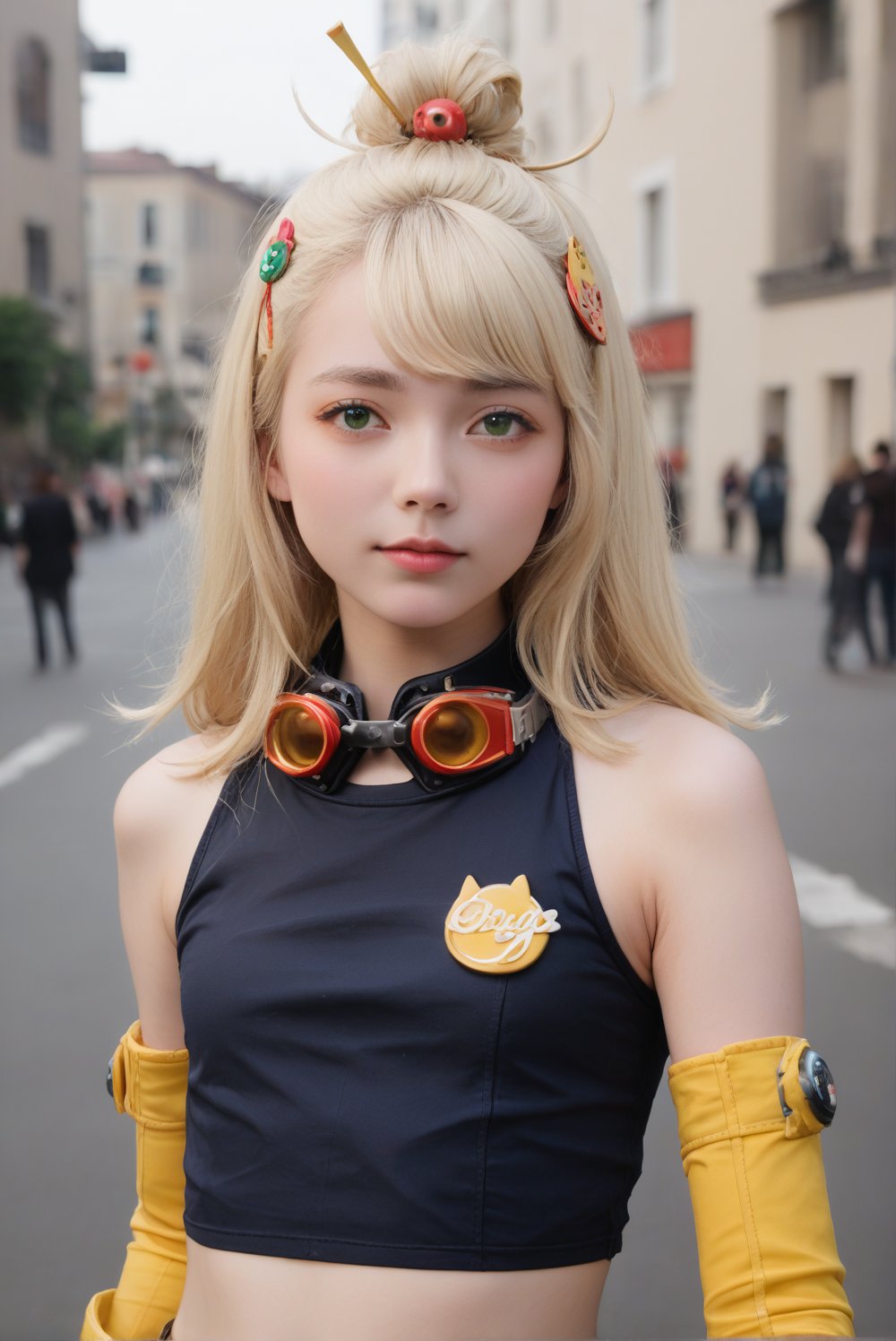 1girl, solo, an anime-like beautiful japanese girl, Zero_paipai, green eyes, thick eyebrows, short eyebrows, looking at viewer, black vest, bare shoulders, white elbow gloves, goggles around neck, long hair, blonde hair, yellow gloves, hair ornament, bangs pinned back, navel, bangs, midriff, feminine, score_9, score_8_up, score_7_up, source_photo, source_anime, ((photography, realistic, hyperrealistic, ultrarealistic)), ulzzang, absurdres, a mesmerizing beautiful face