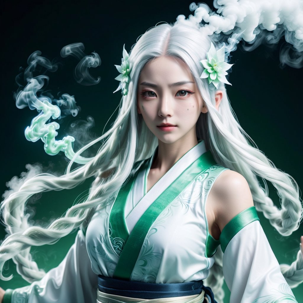 view_from_distance, the most beautiful miko in the world, looking at viewer, extremely high quality, (photorealistic:1.3), transculent appearance, porcelain skin, japanese white miko clothing with exquisite and complicated green lines as decoration, white long hair, smoke, smoke effect, high definition, ice magic background