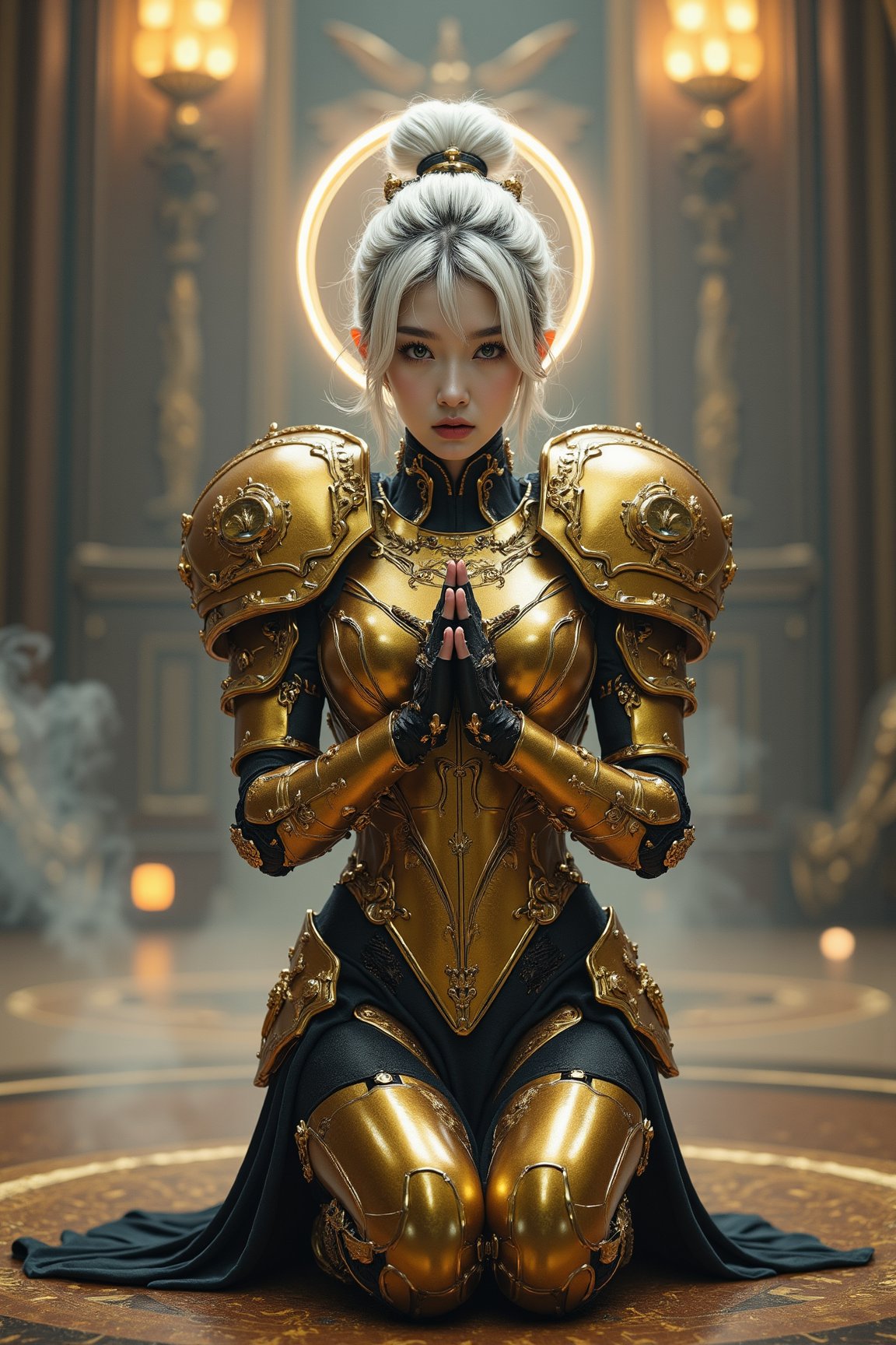 A professional cinematic photography of a breathtakingly beautiful japanese girl cosplaying Adeptus Custodes from Warhammer 40k. The golden exoskeleton power armor is magnificently ornate and intricate and delicately crafted. The lower part of the power armor is a golden high slit skirt inscribed with glowing sacred inscription, revealing her beautiful thigh adorned with black stockings. The armor reflects the metallic texture and the ultimate craftmanship of the human empire  She has an ulzzang appearance with light skin tone and lustry skin texture, accentuating her youthful face. Her hair is white with a hairstyle composed of high ponytail and bangs. She is kneeling down on one knee and praying with dedication in middle of a cathedral. The floored is decorated with imperium aquila. A holy halo above her head.  The room is filled with the smoke of censer, emanating a sacred and serene atmosphere., Enhanced all, FuturEvoLabArmor