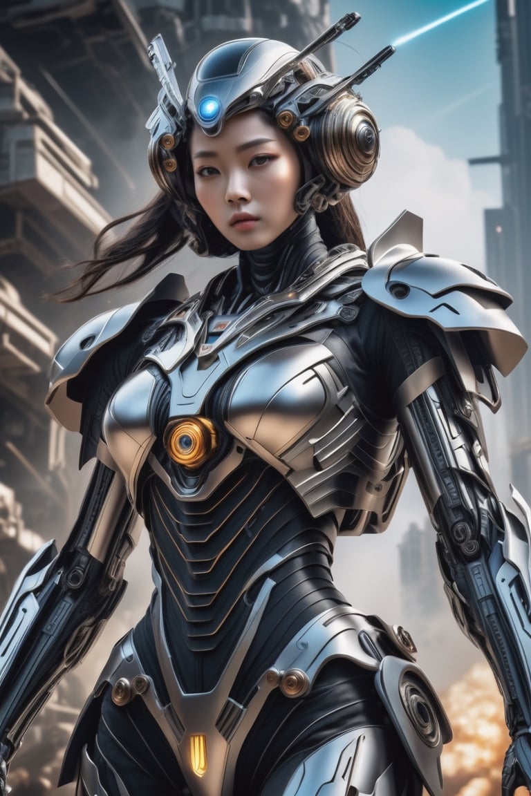 epic alien battle field theme, medium shot with high view angle, ultra-wide-angle-lens, award-winning photography, hyperrealistic, a 15-years-old breathtakingly beautiful korean girl, ethereal glamorous face, mechanical armor suits, champion of the galaxy, nuclear fusion reactor in the chest, aging treatment on the image, laser gun, atomic bomb, commander of drones, cyborg style, cinematic lighting