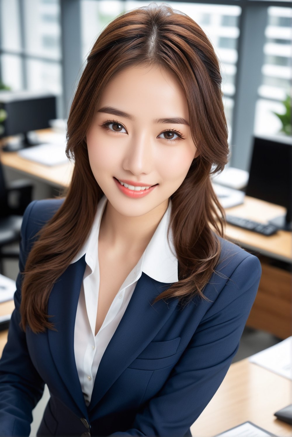 An award-winning photography depicting a girl working in office. a 17-years-old ethereal breathtakingly beautiful girl, wearing office lady suit.  a breathtakingly beautiful face, a youthful face, perfect model body, high view angle, award-winning photography, flirty expression, smiling calmly, high saturation, depth of view, hyperrealistic, raw photo, high definition 8k, focus on face, photo_b00ster, julia