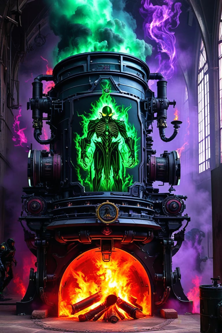 A mural depicting a furnace made of scifi mechanical part, combined with elements of chaos and evil. Souls are burned in the furnace, emitting green and purple fire. renaissance art style. The mural shows a strong connection to subspace, ek_game_3ffect