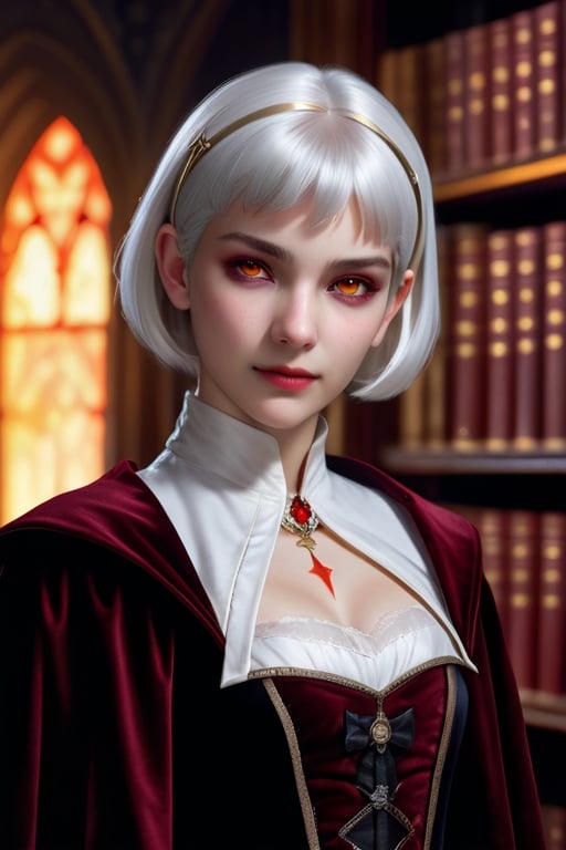 masterpiece, high definition, (photorealistic:1.2), raw photo, the most ethereal beautiful vampire princess in the diablo world, 1girl, youth face, white short hair, smiling on viewer, glowing red eyes, velvet dufflecoat attire, translucent appearance, hyperrealistic, a magical library in the world of the deceased, dramatic lighting