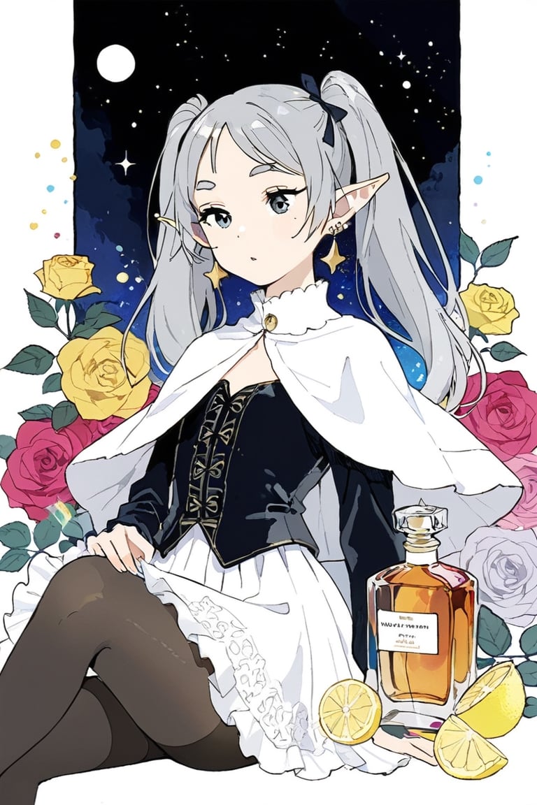 An illustration for a France perfume advertisement, 1girl, frieren, pointy ears, elf, earrings, twintails, parted bangs, grey hair, thick eyebrows, masterpiece, white capelet with long sleeves, black pantyhose and brown boots, best quality, color vivid, alcohol int art, upper body, a decent scent as a mixture of rose, lemon. aesthetic,art_booster